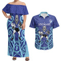 Northland Custom Rugby New Zealand Couples Matching Off Shoulder Maxi Dress and Hawaiian Shirt Aotearoa Maori Pukana Tiki Mascot