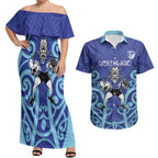 Northland Custom Rugby New Zealand Couples Matching Off Shoulder Maxi Dress and Hawaiian Shirt Aotearoa Maori Pukana Tiki Mascot