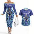 Northland Custom Rugby New Zealand Couples Matching Off The Shoulder Long Sleeve Dress and Hawaiian Shirt Aotearoa Maori Pukana Tiki Mascot