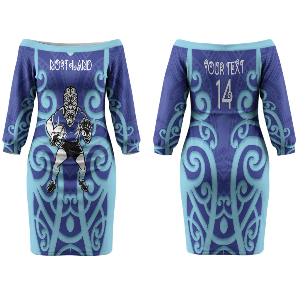 Northland Custom Rugby New Zealand Couples Matching Off The Shoulder Long Sleeve Dress and Long Sleeve Button Shirt Aotearoa Maori Pukana Tiki Mascot