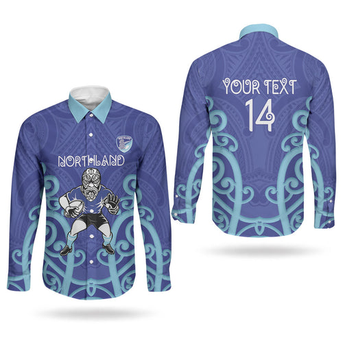 Northland Custom Rugby New Zealand Couples Matching Puletasi and Long Sleeve Button Shirt Aotearoa Maori Pukana Tiki Mascot