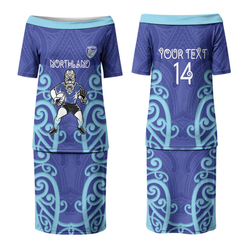 Northland Custom Rugby New Zealand Couples Matching Puletasi and Long Sleeve Button Shirt Aotearoa Maori Pukana Tiki Mascot