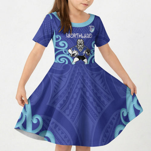 Northland Custom Rugby New Zealand Kid Short Sleeve Dress Aotearoa Maori Pukana Tiki Mascot