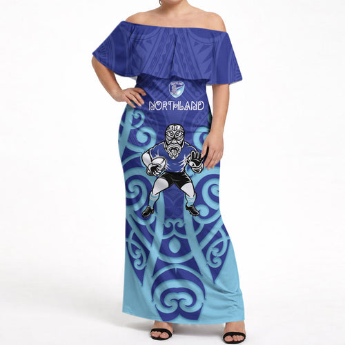 Northland Custom Rugby New Zealand Off Shoulder Maxi Dress Aotearoa Maori Pukana Tiki Mascot