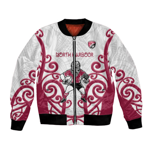 North Harbour Custom Rugby New Zealand Bomber Jacket Aotearoa Maori Pukana Tiki Mascot