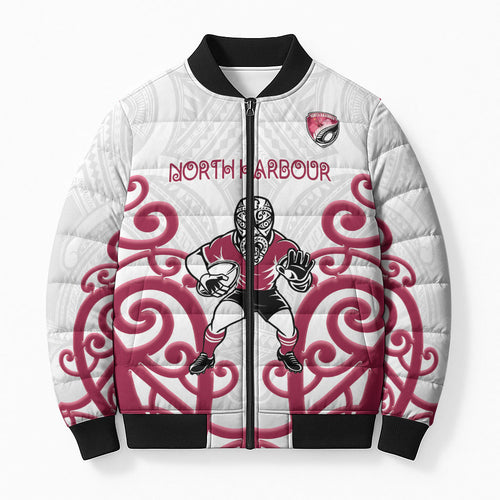 North Harbour Custom Rugby New Zealand Bomber Puffer Jacket Aotearoa Maori Pukana Tiki Mascot