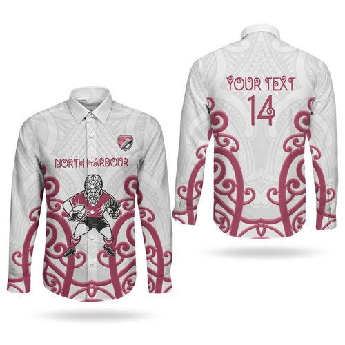 North Harbour Custom Rugby New Zealand Couples Matching Long Sleeve Bodycon Dress and Long Sleeve Button Shirt Aotearoa Maori Pukana Tiki Mascot