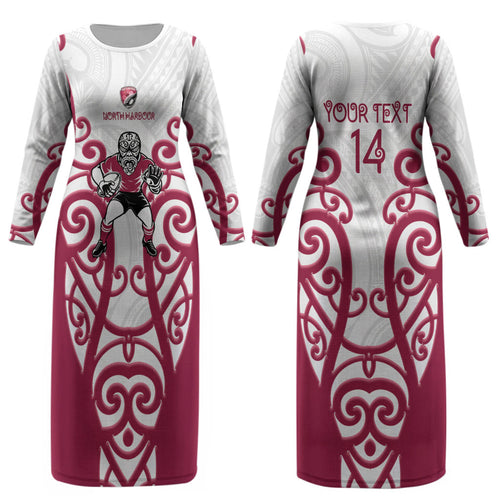 North Harbour Custom Rugby New Zealand Couples Matching Long Sleeve Bodycon Dress and Long Sleeve Button Shirt Aotearoa Maori Pukana Tiki Mascot