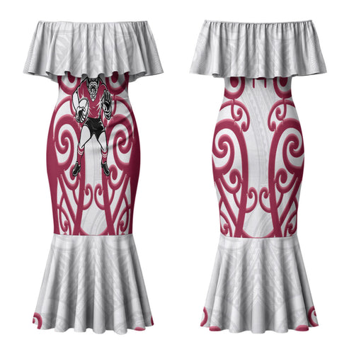 North Harbour Custom Rugby New Zealand Couples Matching Mermaid Dress and Hawaiian Shirt Aotearoa Maori Pukana Tiki Mascot