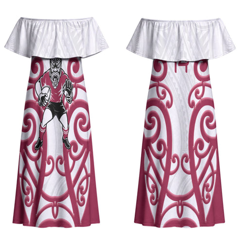 North Harbour Custom Rugby New Zealand Couples Matching Off Shoulder Maxi Dress and Long Sleeve Button Shirt Aotearoa Maori Pukana Tiki Mascot