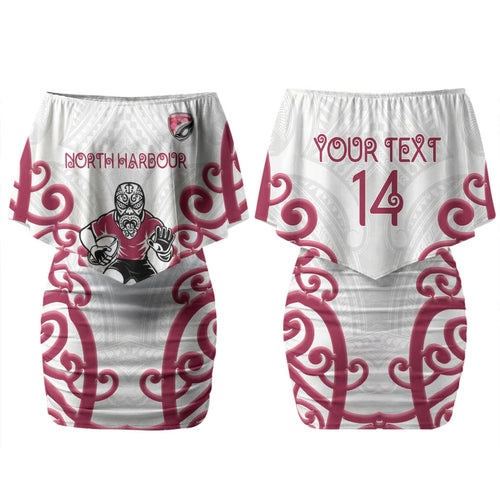 North Harbour Custom Rugby New Zealand Couples Matching Off Shoulder Short Dress and Long Sleeve Button Shirt Aotearoa Maori Pukana Tiki Mascot