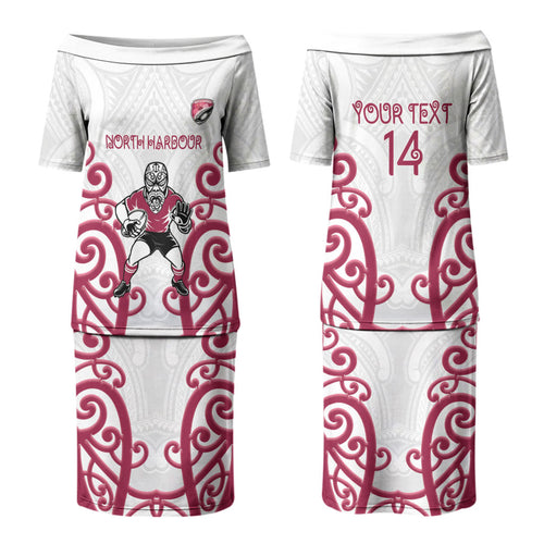 North Harbour Custom Rugby New Zealand Couples Matching Puletasi and Long Sleeve Button Shirt Aotearoa Maori Pukana Tiki Mascot