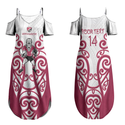 North Harbour Custom Rugby New Zealand Couples Matching Summer Maxi Dress and Long Sleeve Button Shirt Aotearoa Maori Pukana Tiki Mascot