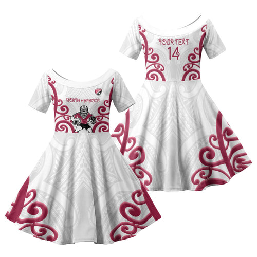 North Harbour Custom Rugby New Zealand Family Matching Off Shoulder Maxi Dress and Hawaiian Shirt Aotearoa Maori Pukana Tiki Mascot