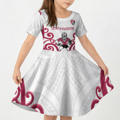 North Harbour Custom Rugby New Zealand Kid Short Sleeve Dress Aotearoa Maori Pukana Tiki Mascot