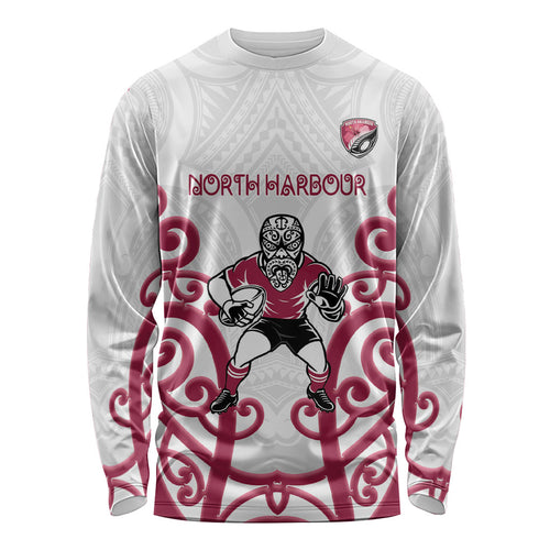 North Harbour Custom Rugby New Zealand Long Sleeve Shirt Aotearoa Maori Pukana Tiki Mascot