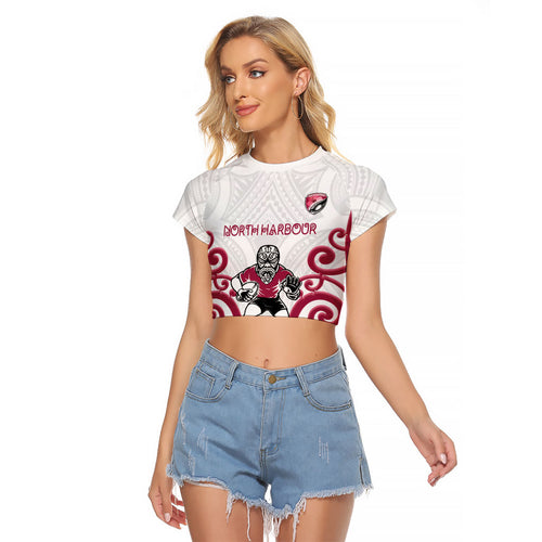 North Harbour Custom Rugby New Zealand Raglan Cropped T Shirt Aotearoa Maori Pukana Tiki Mascot