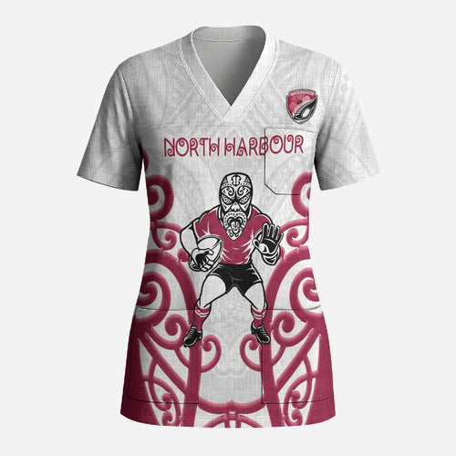 North Harbour Custom Rugby New Zealand Scrub Top Aotearoa Maori Pukana Tiki Mascot