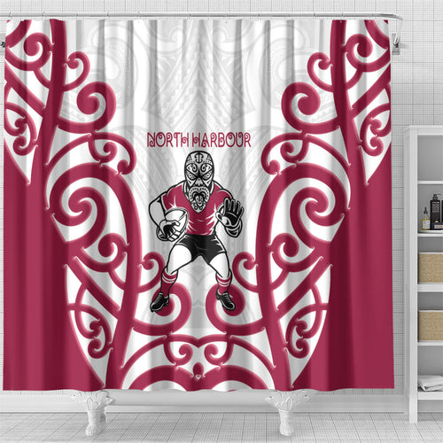 North Harbour Rugby New Zealand Shower Curtain Aotearoa Maori Pukana Tiki Mascot