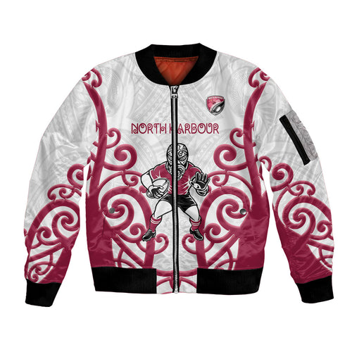 North Harbour Custom Rugby New Zealand Sleeve Zip Bomber Jacket Aotearoa Maori Pukana Tiki Mascot