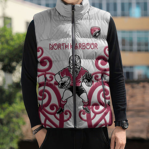 North Harbour Custom Rugby New Zealand Sleeveless Puffer Jacket Aotearoa Maori Pukana Tiki Mascot