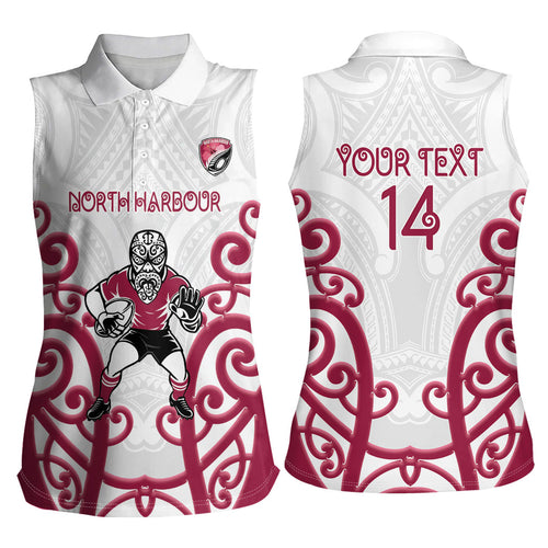 North Harbour Custom Rugby New Zealand Women Sleeveless Polo Shirt Aotearoa Maori Pukana Tiki Mascot