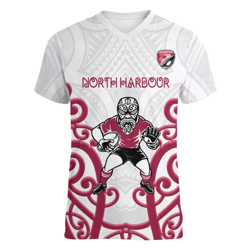 North Harbour Custom Rugby New Zealand Women V-Neck T-Shirt Aotearoa Maori Pukana Tiki Mascot