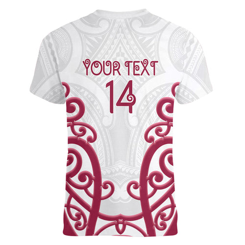 North Harbour Custom Rugby New Zealand Women V-Neck T-Shirt Aotearoa Maori Pukana Tiki Mascot