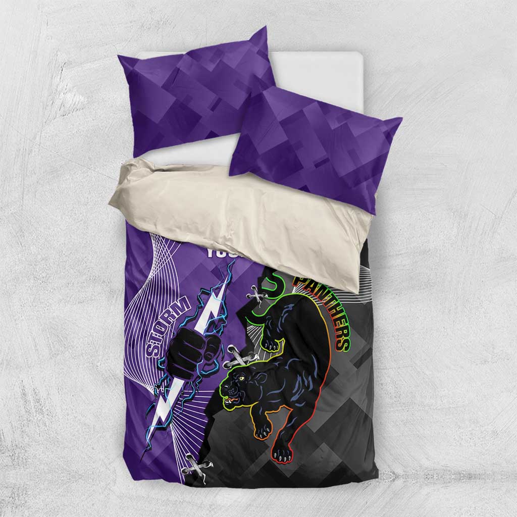 Personalised Storm And Panthers Rugby 2024 Bedding Set Go Champions Grand Final Dynamic Style