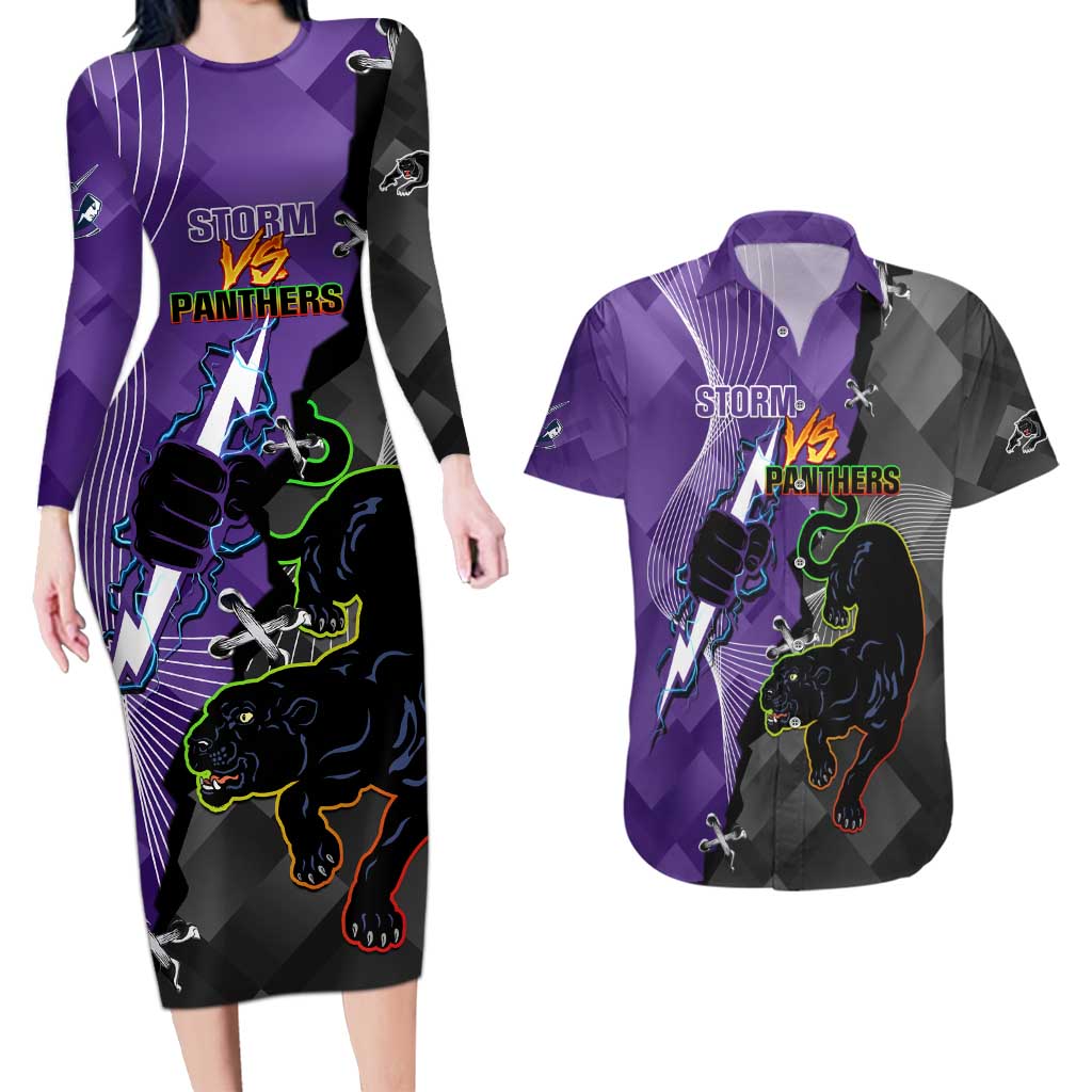 Personalised Storm And Panthers Rugby 2024 Couples Matching Long Sleeve Bodycon Dress and Hawaiian Shirt Go Champions Grand Final Dynamic Style
