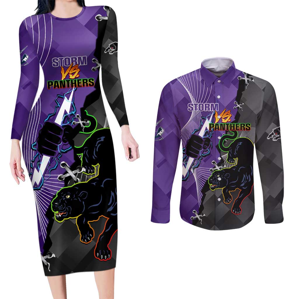Personalised Storm And Panthers Rugby 2024 Couples Matching Long Sleeve Bodycon Dress and Long Sleeve Button Shirt Go Champions Grand Final Dynamic Style
