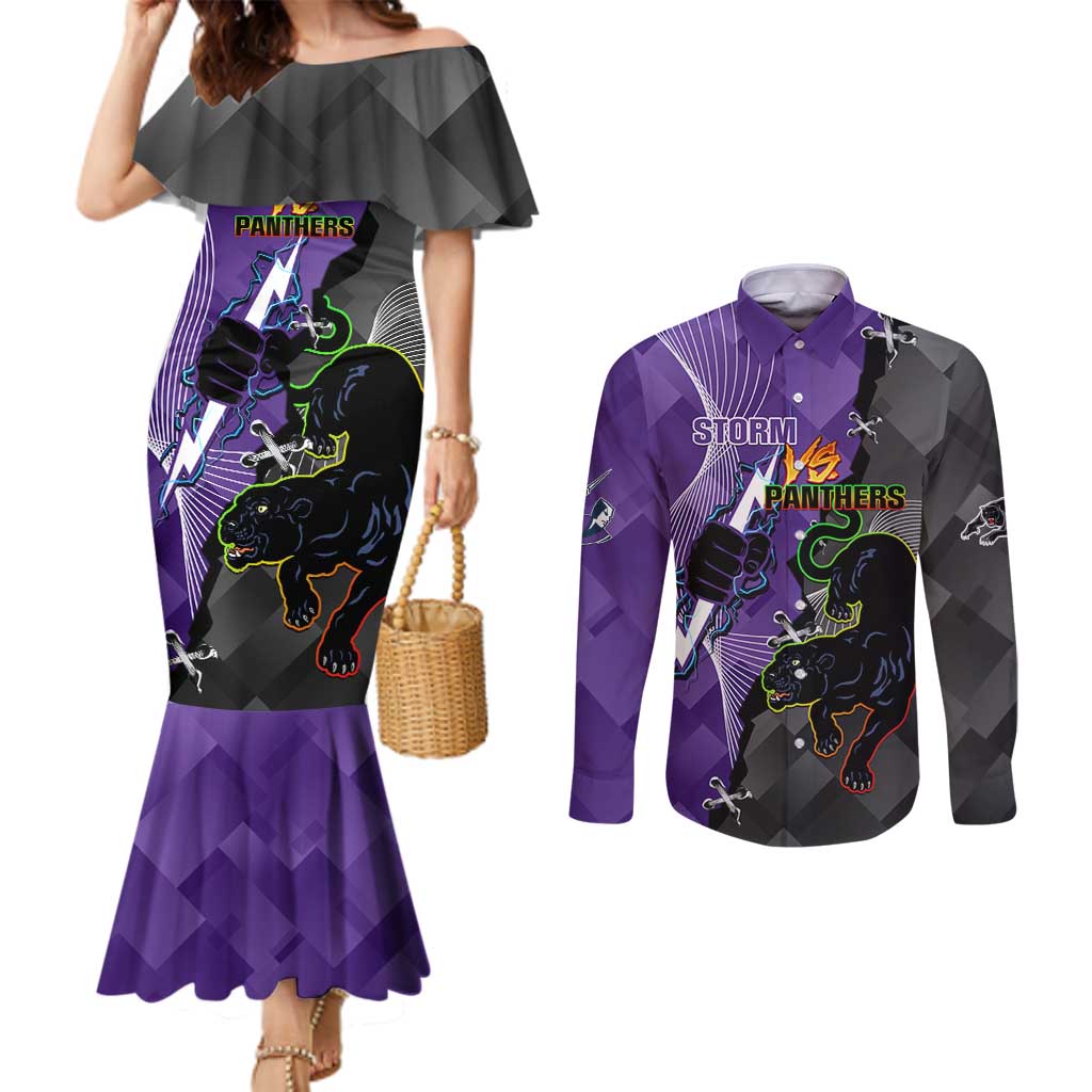 Personalised Storm And Panthers Rugby 2024 Couples Matching Mermaid Dress and Long Sleeve Button Shirt Go Champions Grand Final Dynamic Style