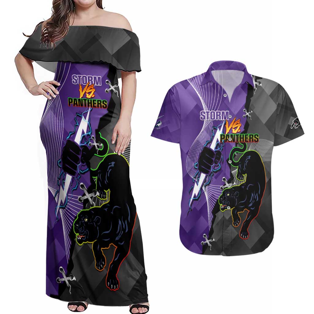 Personalised Storm And Panthers Rugby 2024 Couples Matching Off Shoulder Maxi Dress and Hawaiian Shirt Go Champions Grand Final Dynamic Style