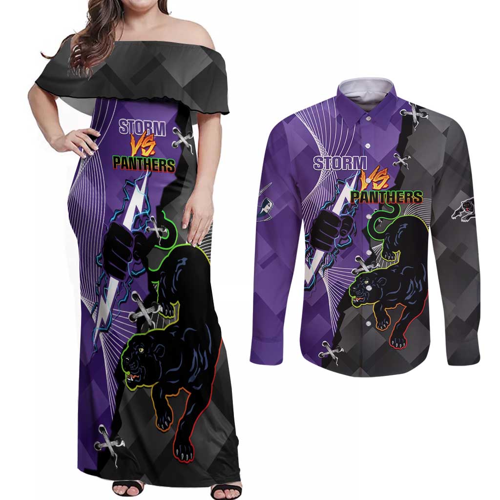 Personalised Storm And Panthers Rugby 2024 Couples Matching Off Shoulder Maxi Dress and Long Sleeve Button Shirt Go Champions Grand Final Dynamic Style