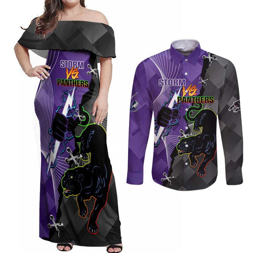 Personalised Storm And Panthers Rugby 2024 Couples Matching Off Shoulder Maxi Dress and Long Sleeve Button Shirt Go Champions Grand Final Dynamic Style