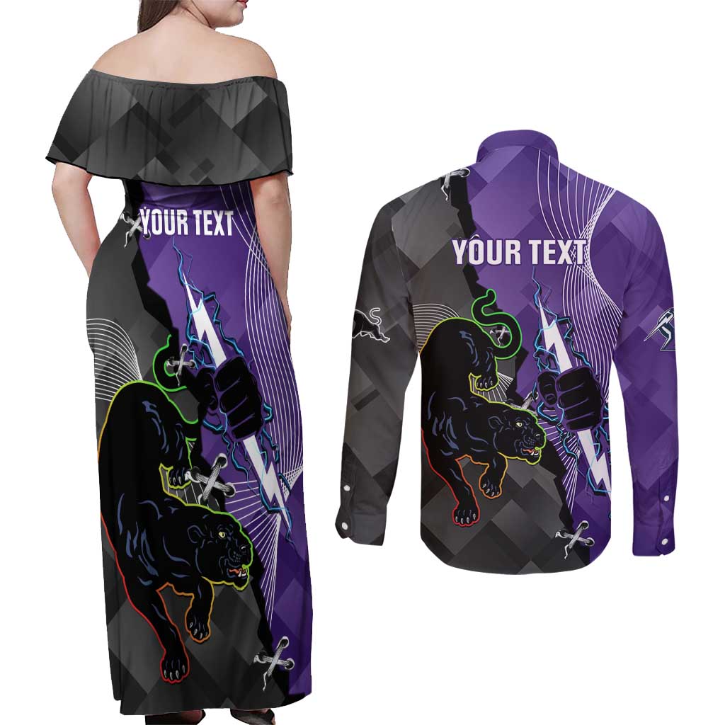 Personalised Storm And Panthers Rugby 2024 Couples Matching Off Shoulder Maxi Dress and Long Sleeve Button Shirt Go Champions Grand Final Dynamic Style