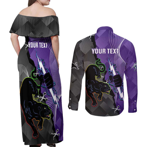 Personalised Storm And Panthers Rugby 2024 Couples Matching Off Shoulder Maxi Dress and Long Sleeve Button Shirt Go Champions Grand Final Dynamic Style