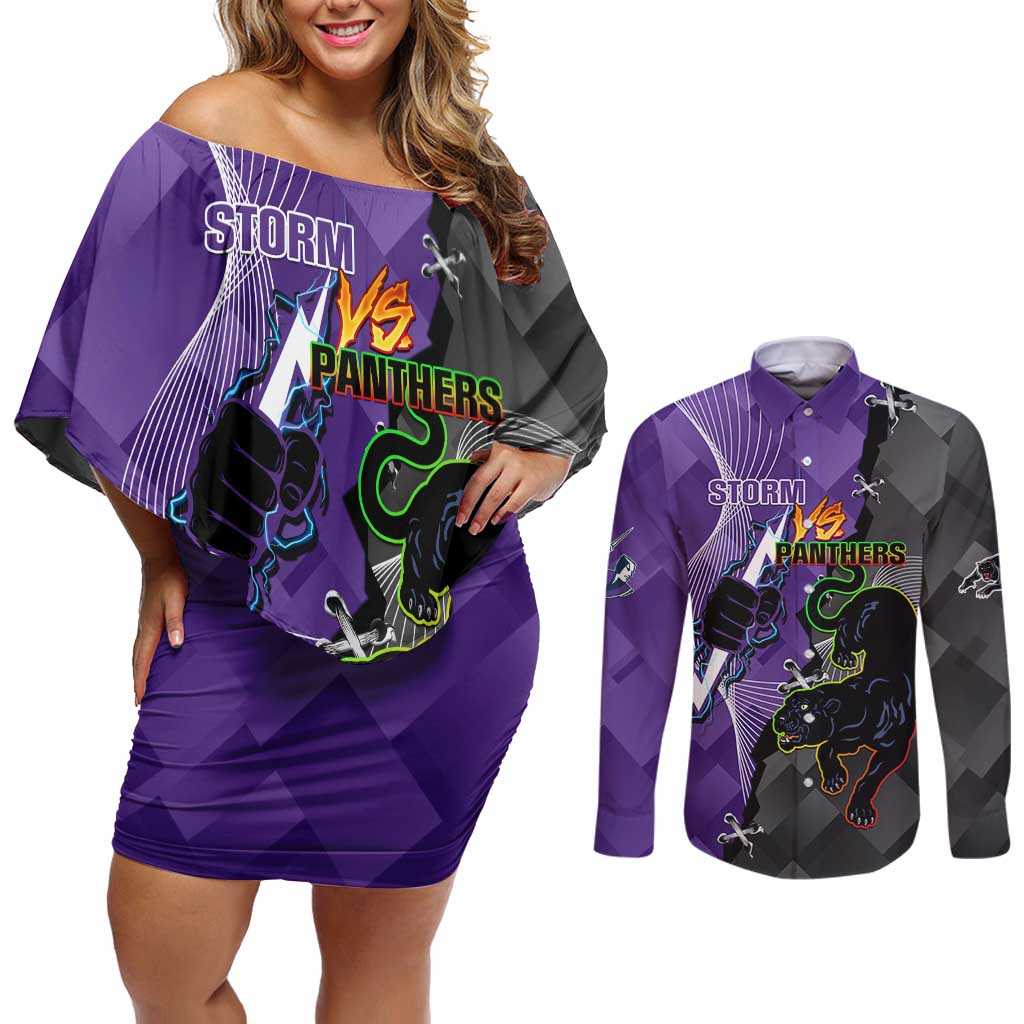 Personalised Storm And Panthers Rugby 2024 Couples Matching Off Shoulder Short Dress and Long Sleeve Button Shirt Go Champions Grand Final Dynamic Style