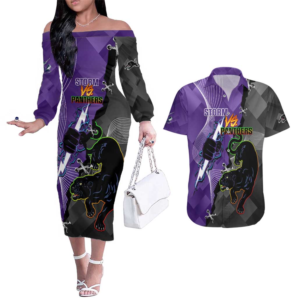 Personalised Storm And Panthers Rugby 2024 Couples Matching Off The Shoulder Long Sleeve Dress and Hawaiian Shirt Go Champions Grand Final Dynamic Style