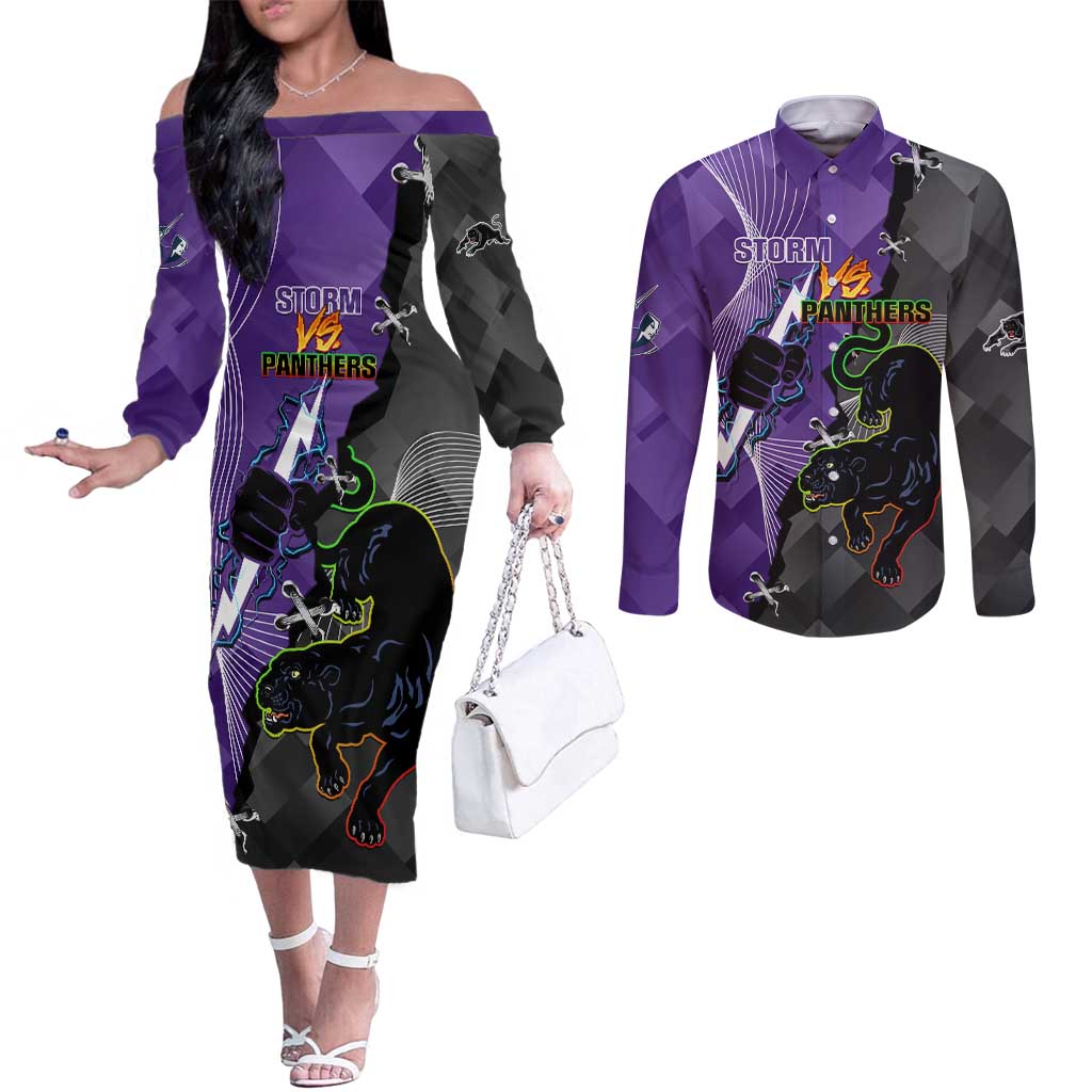 Personalised Storm And Panthers Rugby 2024 Couples Matching Off The Shoulder Long Sleeve Dress and Long Sleeve Button Shirt Go Champions Grand Final Dynamic Style