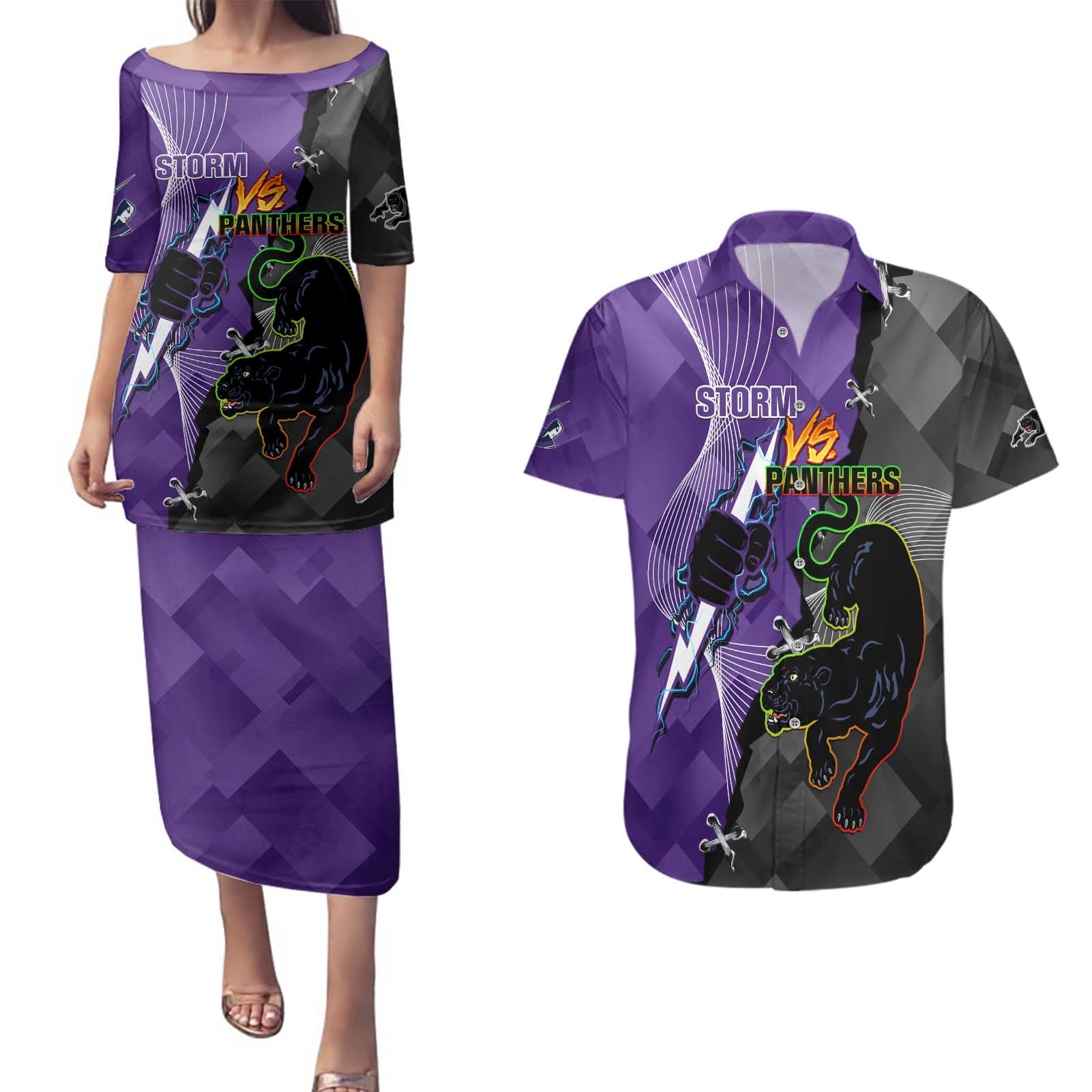 Personalised Storm And Panthers Rugby 2024 Couples Matching Puletasi and Hawaiian Shirt Go Champions Grand Final Dynamic Style