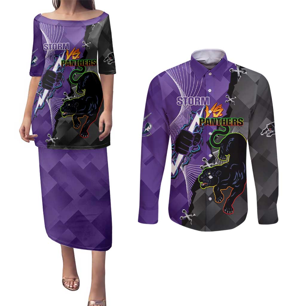 Personalised Storm And Panthers Rugby 2024 Couples Matching Puletasi and Long Sleeve Button Shirt Go Champions Grand Final Dynamic Style