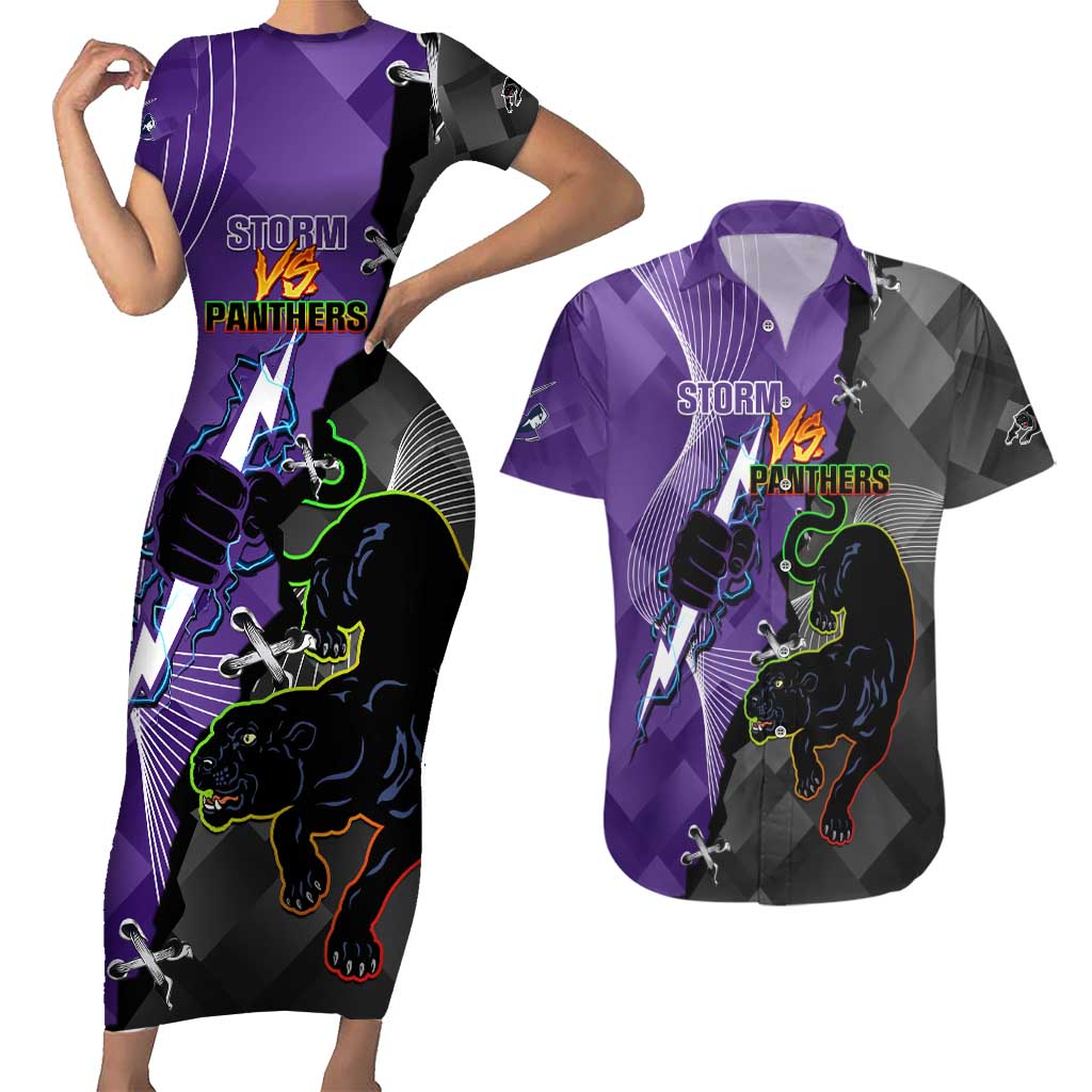 Personalised Storm And Panthers Rugby 2024 Couples Matching Short Sleeve Bodycon Dress and Hawaiian Shirt Go Champions Grand Final Dynamic Style