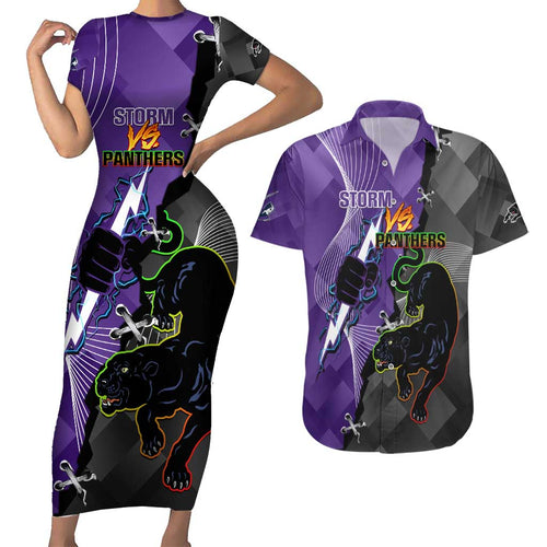 Personalised Storm And Panthers Rugby 2024 Couples Matching Short Sleeve Bodycon Dress and Hawaiian Shirt Go Champions Grand Final Dynamic Style