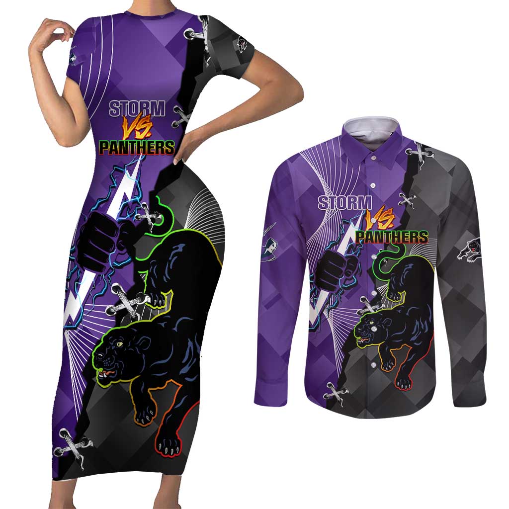 Personalised Storm And Panthers Rugby 2024 Couples Matching Short Sleeve Bodycon Dress and Long Sleeve Button Shirt Go Champions Grand Final Dynamic Style