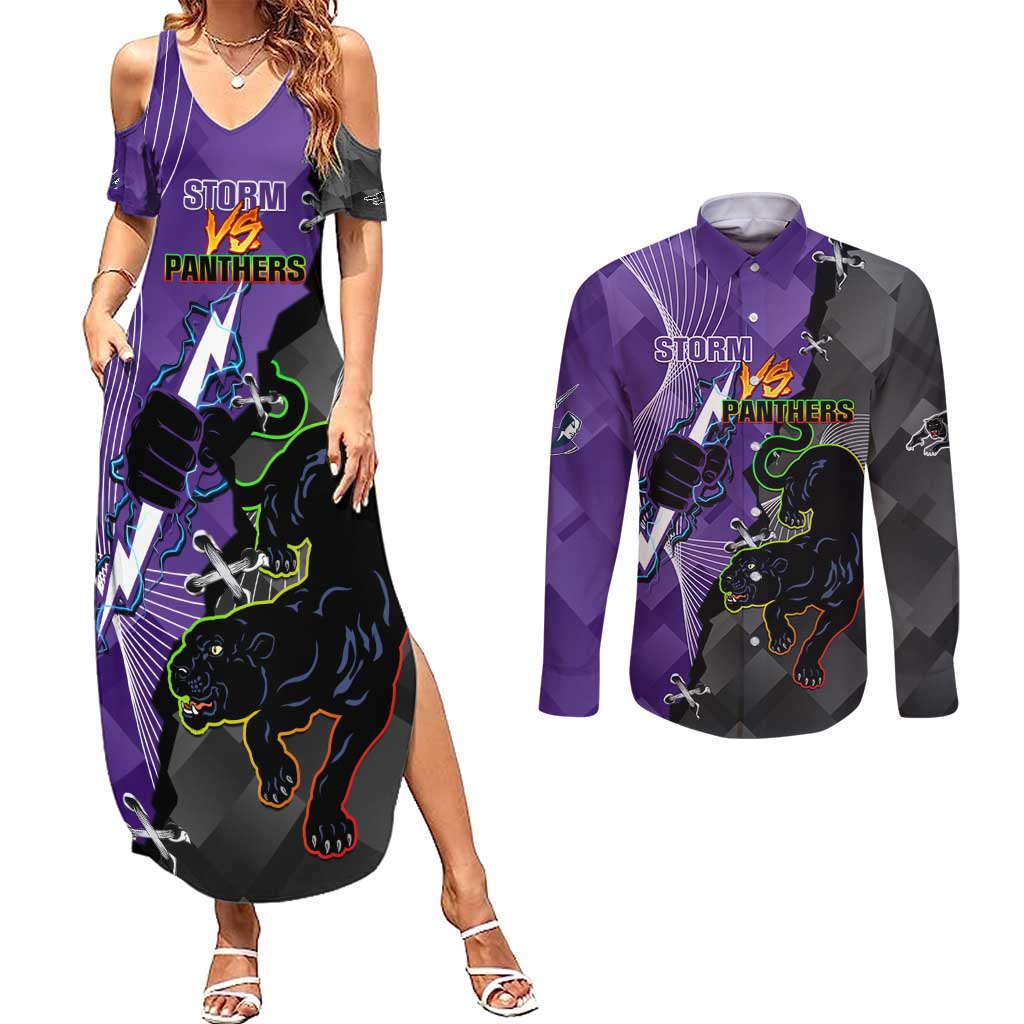 Personalised Storm And Panthers Rugby 2024 Couples Matching Summer Maxi Dress and Long Sleeve Button Shirt Go Champions Grand Final Dynamic Style