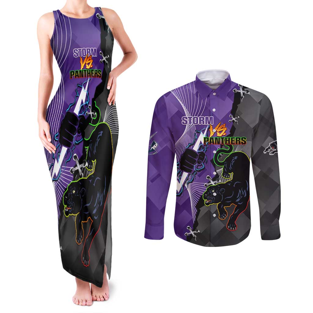 Personalised Storm And Panthers Rugby 2024 Couples Matching Tank Maxi Dress and Long Sleeve Button Shirt Go Champions Grand Final Dynamic Style