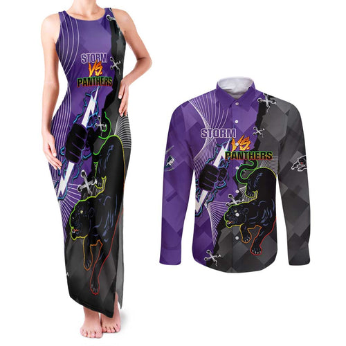 Personalised Storm And Panthers Rugby 2024 Couples Matching Tank Maxi Dress and Long Sleeve Button Shirt Go Champions Grand Final Dynamic Style