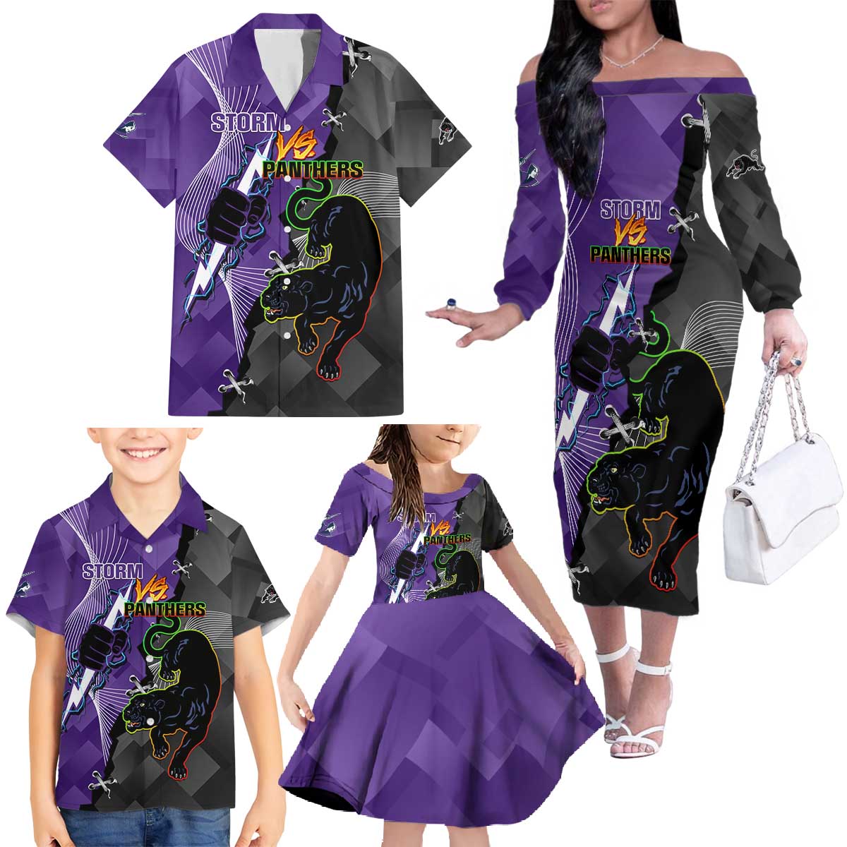 Personalised Storm And Panthers Rugby 2024 Family Matching Off The Shoulder Long Sleeve Dress and Hawaiian Shirt Go Champions Grand Final Dynamic Style