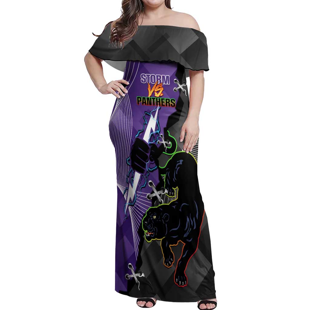 Personalised Storm And Panthers Rugby 2024 Off Shoulder Maxi Dress Go Champions Grand Final Dynamic Style